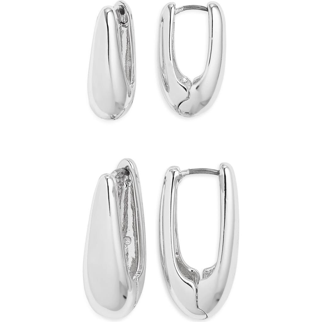 Open Edit Set Of 2 Oval Hoop Earrings In Silver
