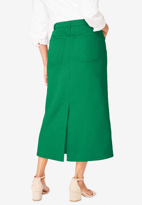 Jessica London Classic Cotton Denim Midi Skirt In Green