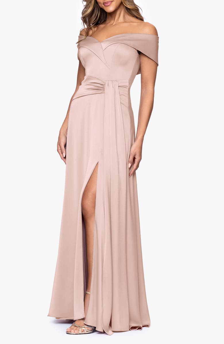 Xscape Evenings Off the Shoulder Hammered Satin Gown, Alternate, color,