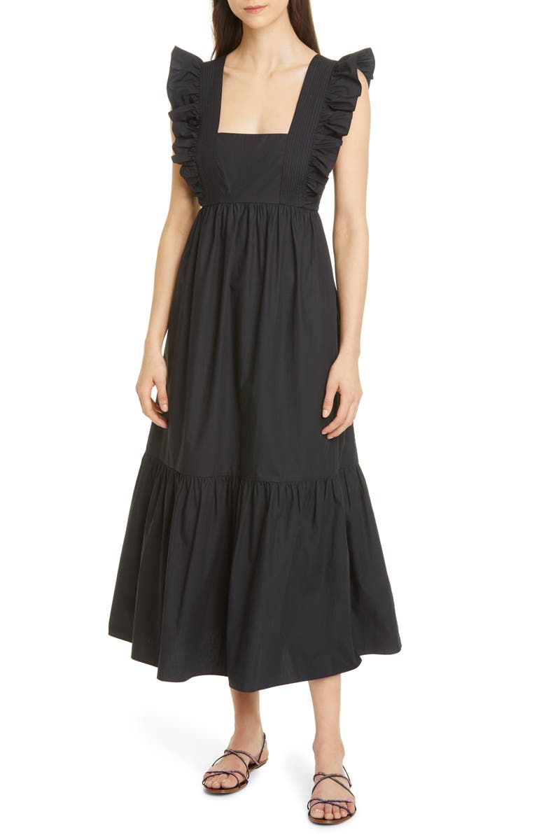 Self-Portrait Ruffle Cotton Poplin Maxi Dress, Main, color, 