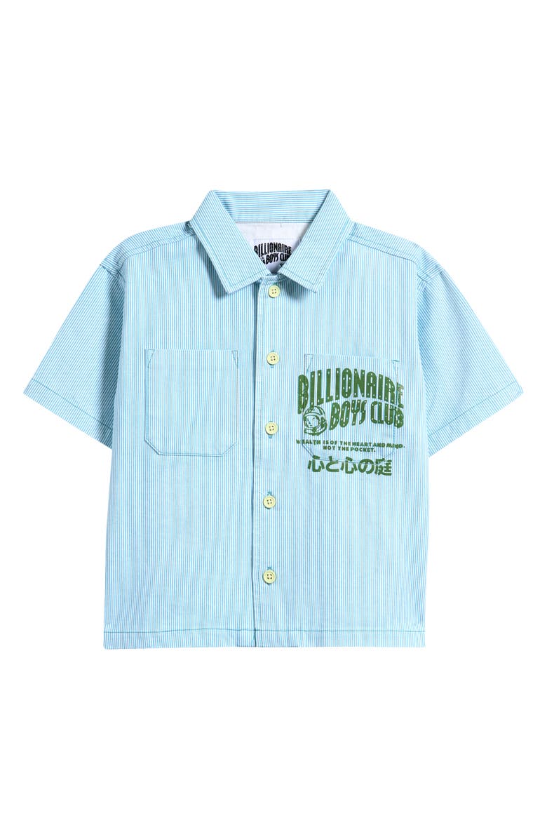 Billionaire Boys Club Kids' Stripe Short Sleeve Cotton Graphic Button-Up Shirt, Main, color, White W/Milky Blue Stripes
