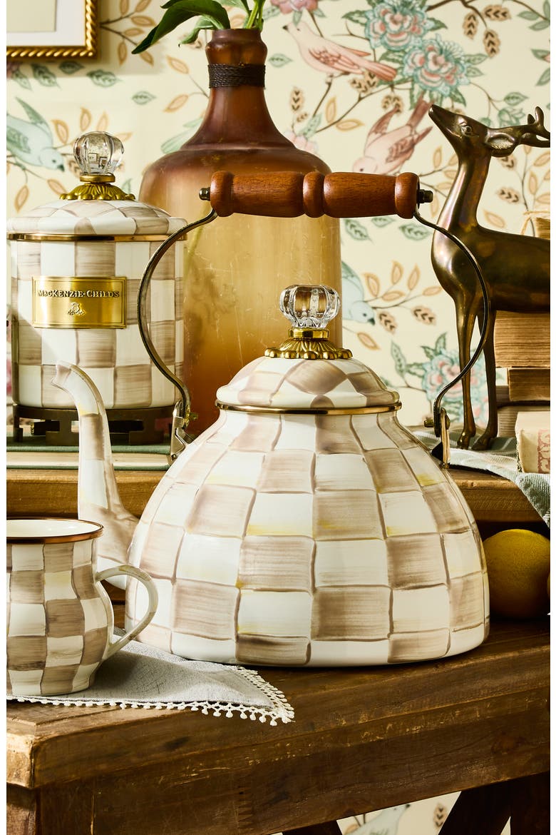 Mocha Check Enameled Steel 3-Quart Tea Kettle, Alternate, color, MOCHA