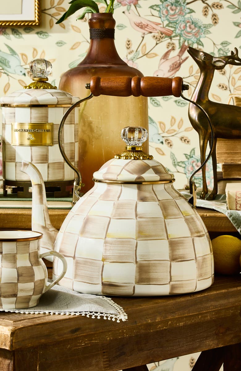 MACKENZIE CHILDS Mocha Check Enameled Steel 3-Quart Tea Kettle, Alternate, color, Mocha