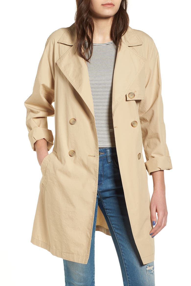 Double Breasted Belted Trench Coat, Main, color, BEIGE NOUGAT