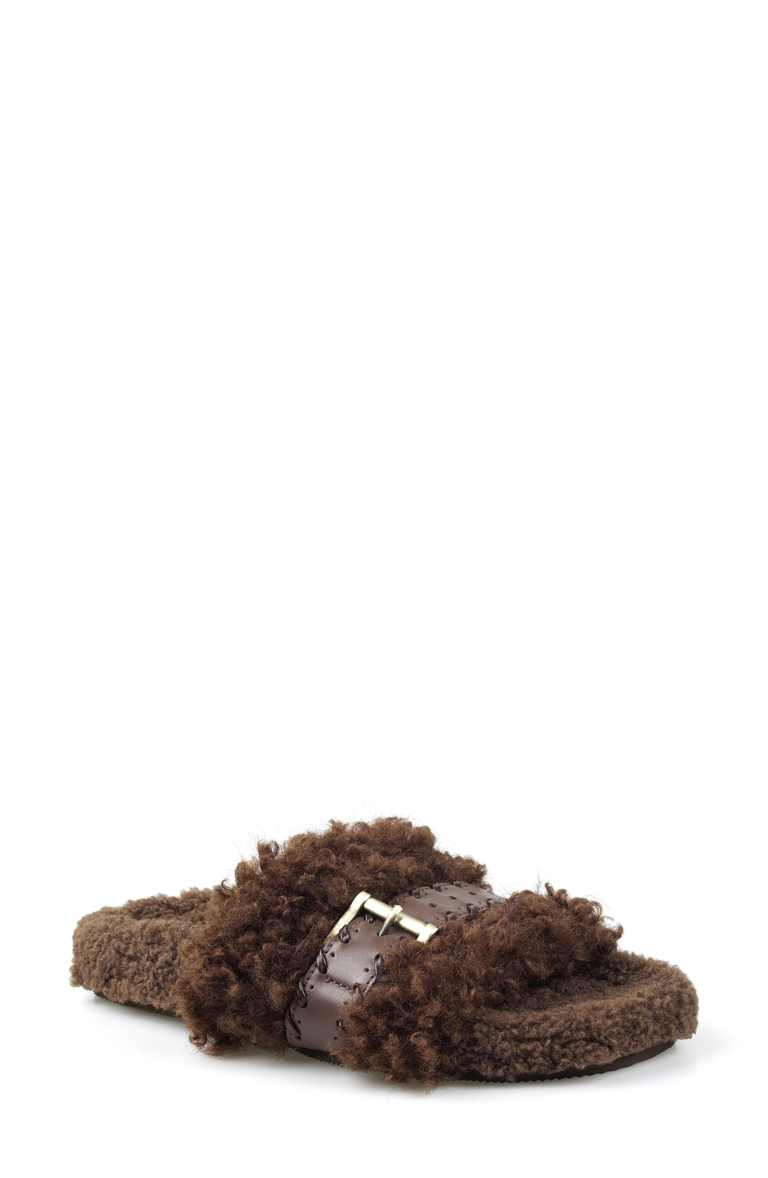 Everett Faux Fur Slide Sandal, Main, color, BROWN FAUX