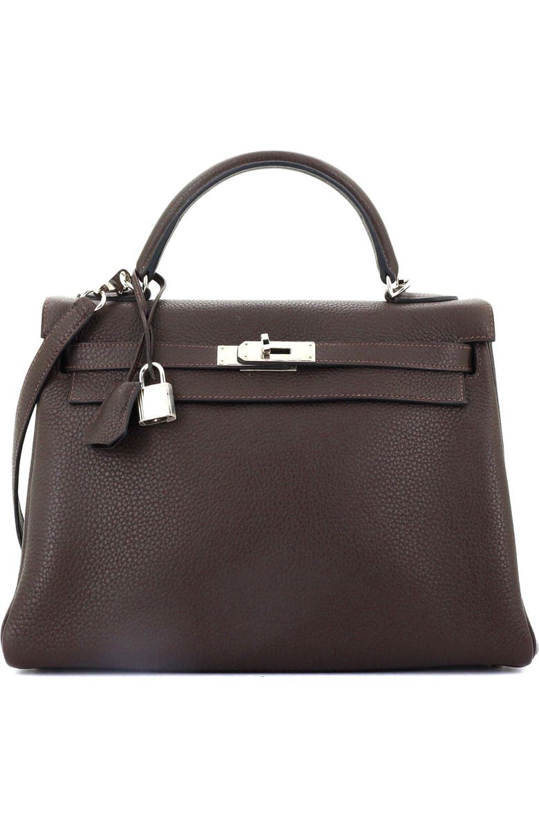 Pre-Owned Hermes Kelly Handbag Brown Clemence with Palladium Hardware 32, Main, color,