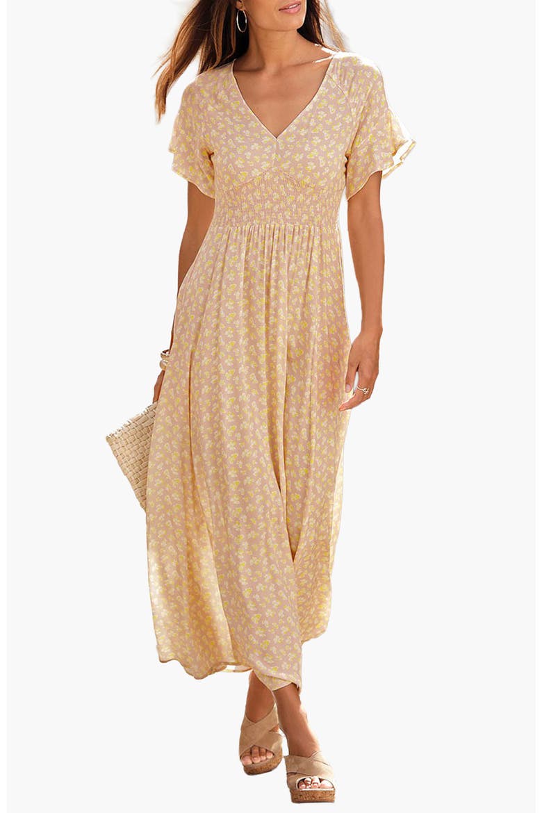 Women's Floral V-Neck Dress, Main, color, Taupe Yellow