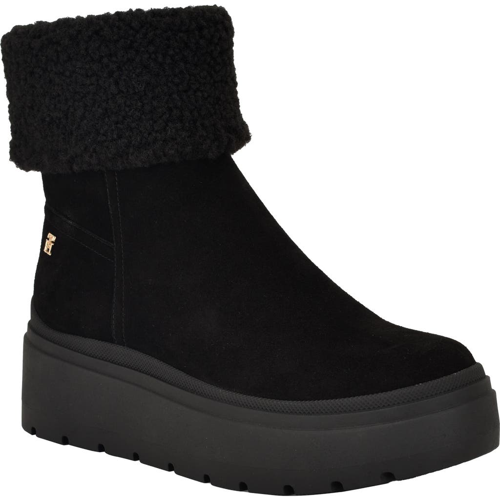 Tommy Hilfiger Peleiz Faux Shearling Cuff Platform Bootie In Black