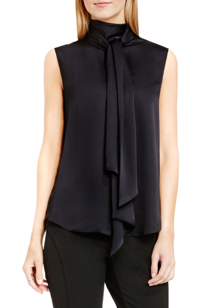 Sleeveless Charmeuse Bow Neck Blouse, Main, color, RICH BLACK