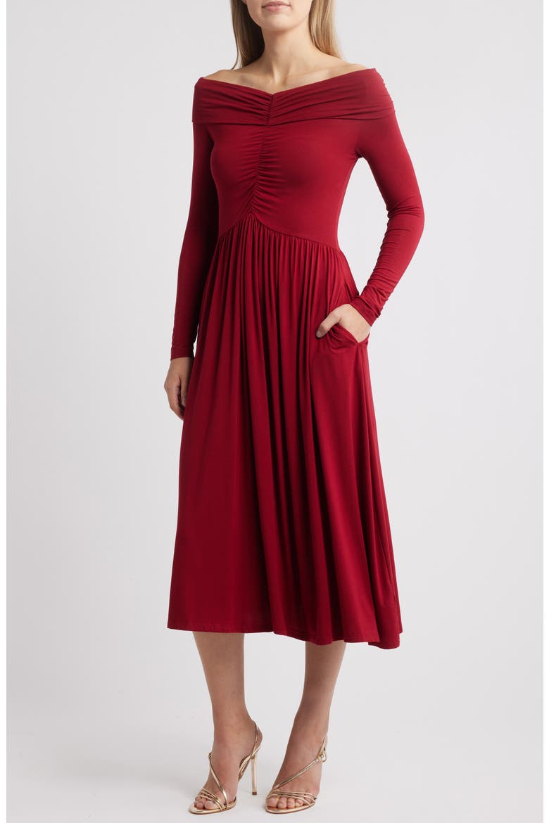 Olia Off the Shoulder Long Sleeve Dress, Main, color, WINE