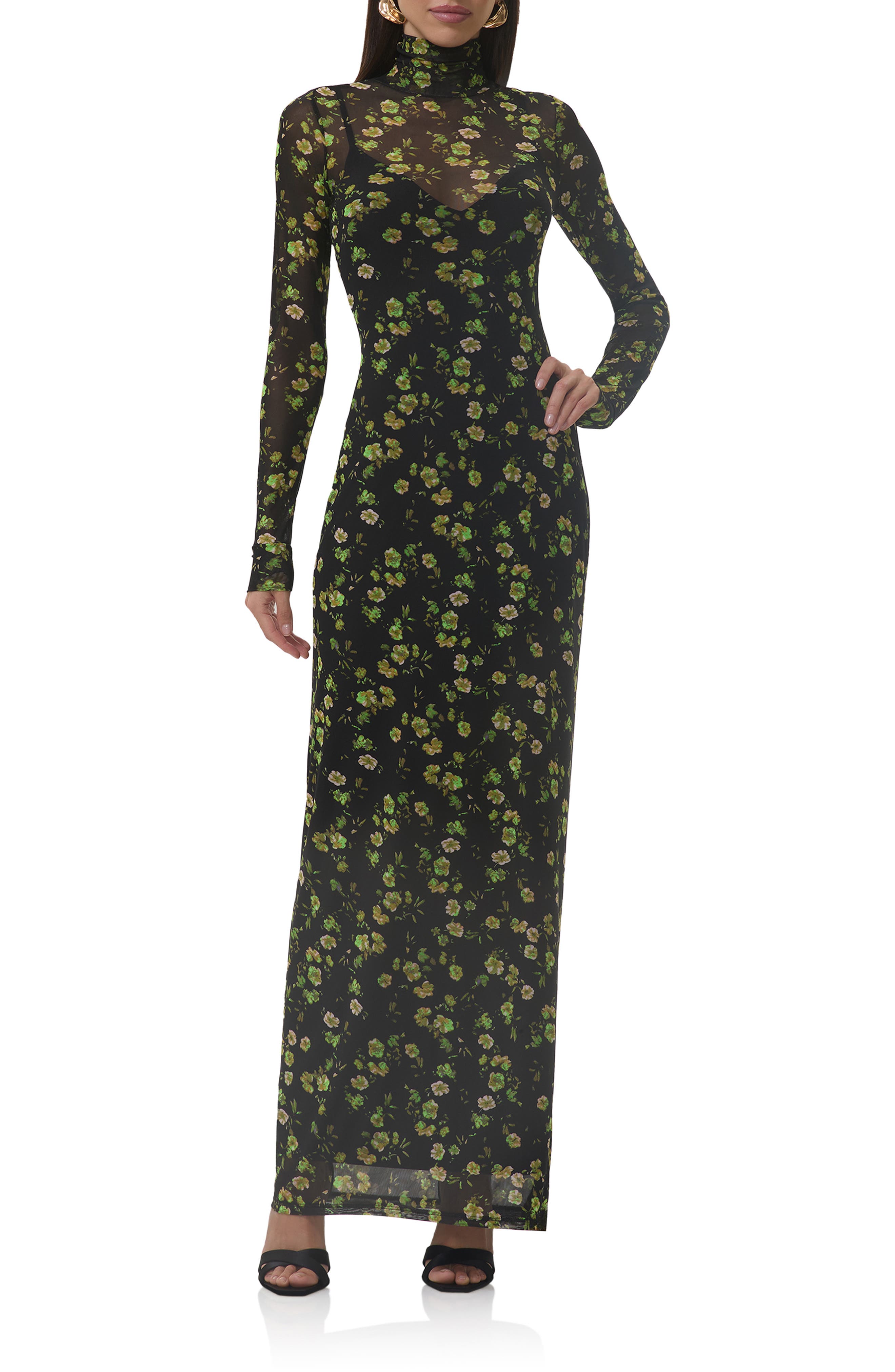 AFRM Billie Floral Long Sleeve Mesh Maxi Dress