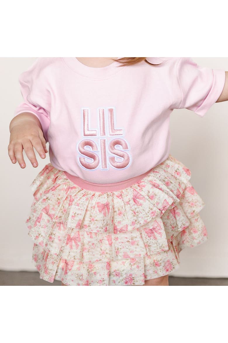 Lil Sis Embroidered Patch Short Sleeve Romper, Alternate, color, Ballet Pink
