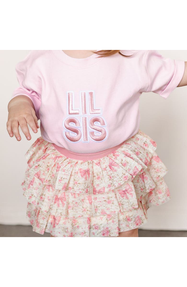 Sweet Wink Lil Sis Embroidered Patch Short Sleeve Romper, Alternate, color, Ballet Pink