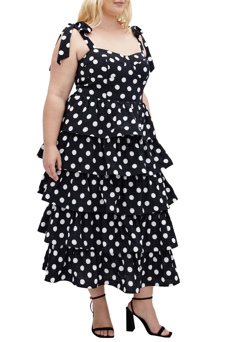 Elina Polka Dot Tie Strap Tiered Midi Dress, Alternate, color, SPOT