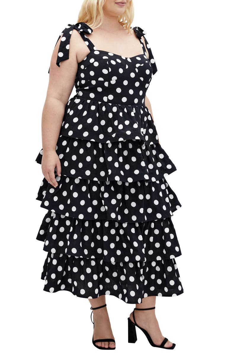 City Chic Elina Polka Dot Tie Strap Tiered Midi Dress, Alternate, color, 