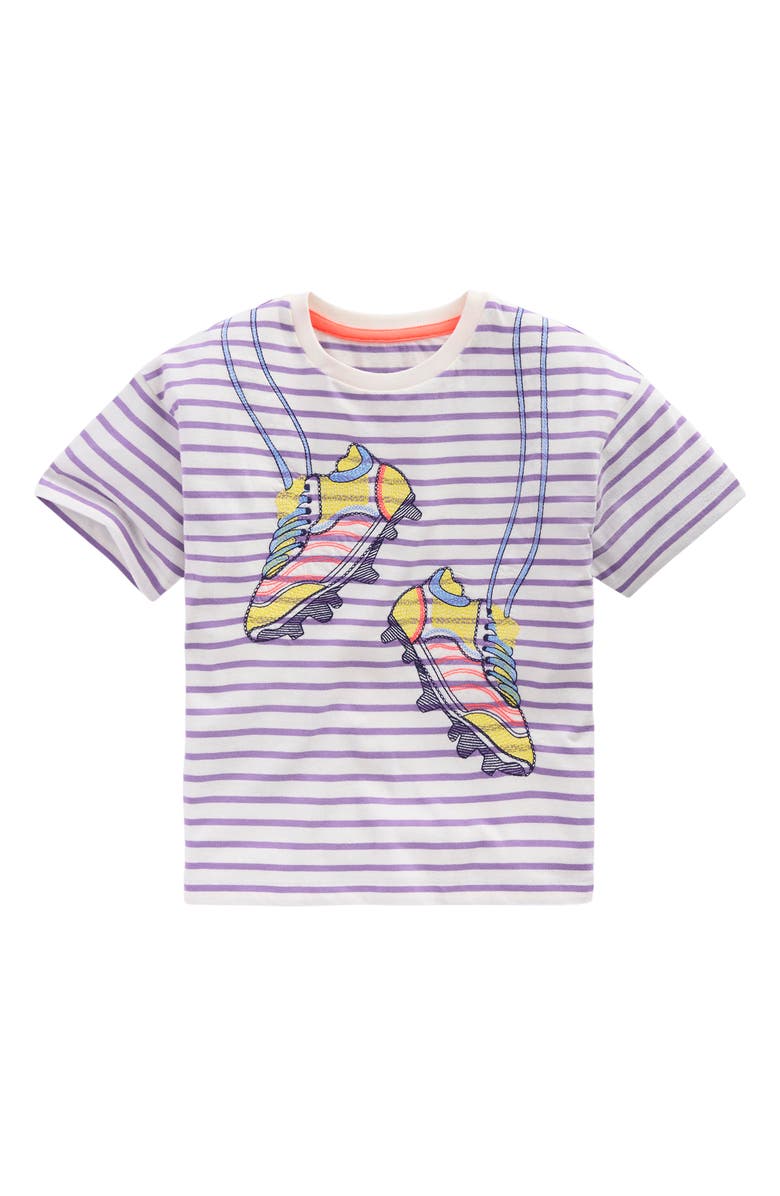 Mini Boden Kids' Stripe Appliqué Relaxed Cotton T-Shirt, Main, color, Aster Purple/ Ivory Shoes