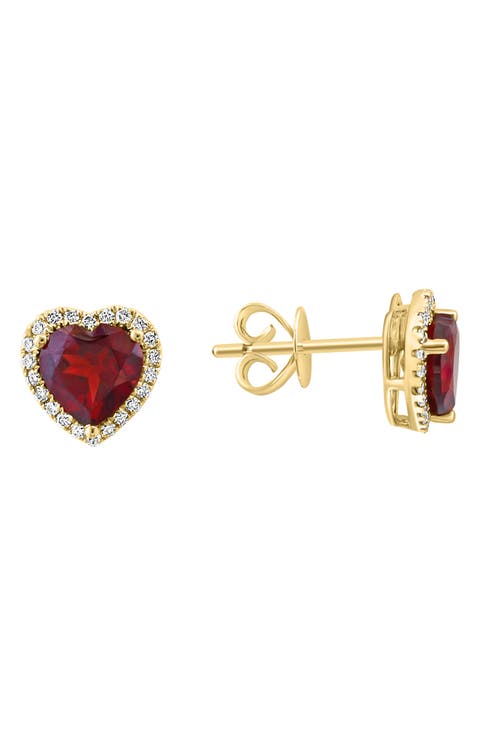 14K Yellow Gold Diamond & Garnet Heart Stud Earrings - 0.22ct.