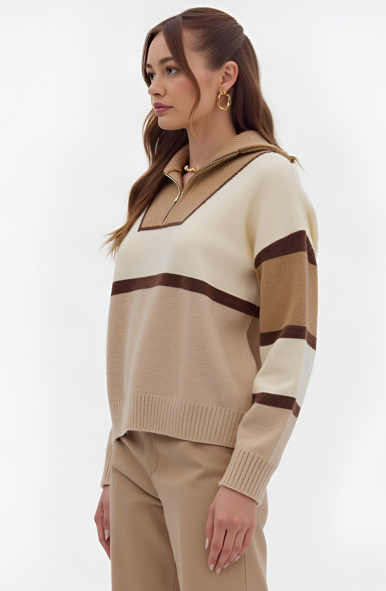 Modenaire Striped Half-Zip Sweater with Ribbed Collar and Long Sleeves, Alternate, color, 