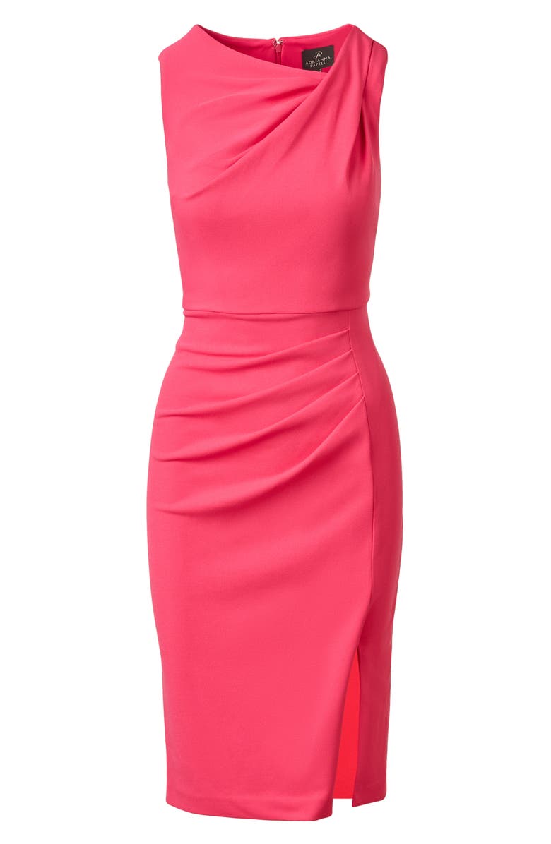 Adrianna Papell Ruched Asymmetric Crepe Sheath Dress, Alternate, color, Camellia