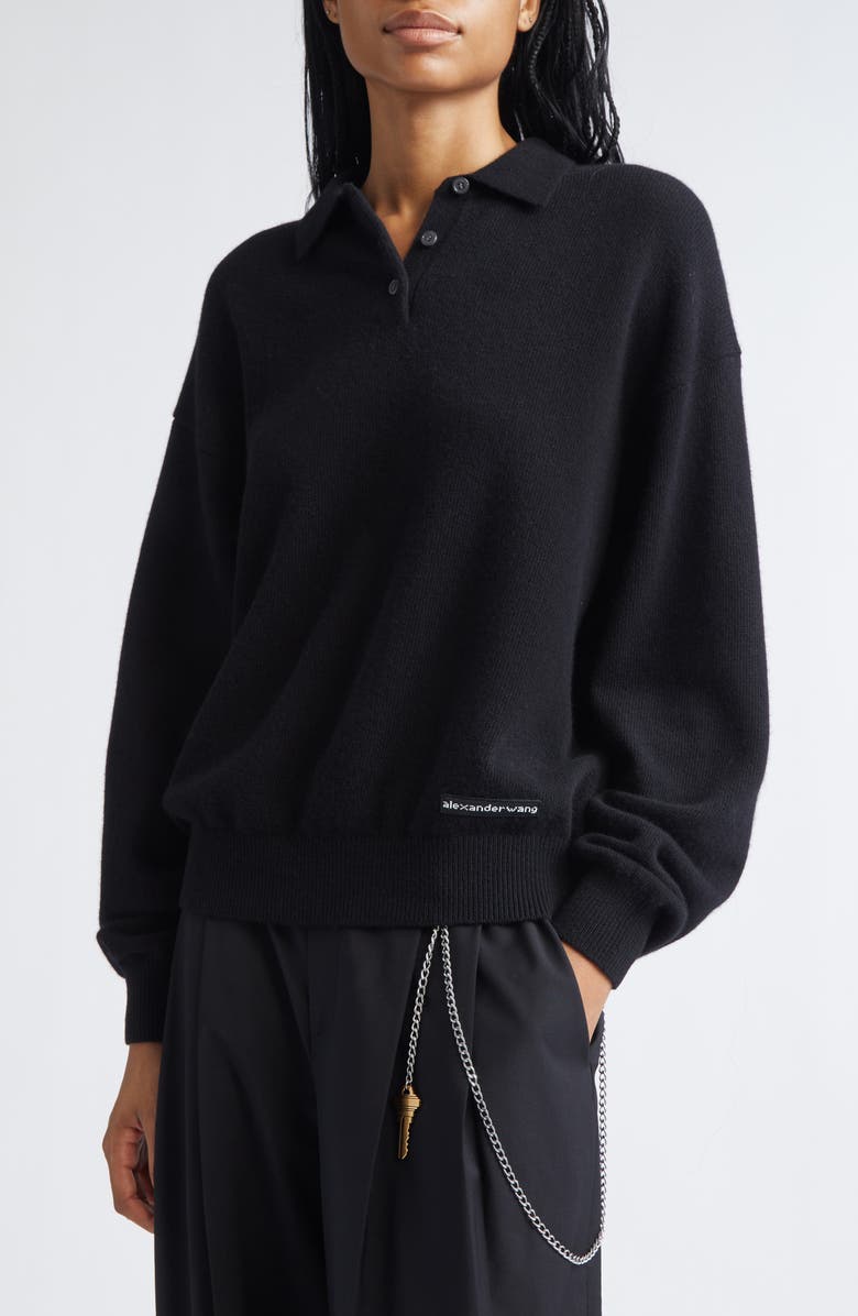 Alexander Wang Long Sleeve Wool Blend Polo Sweater with Logo Patch, Alternate, color, Black