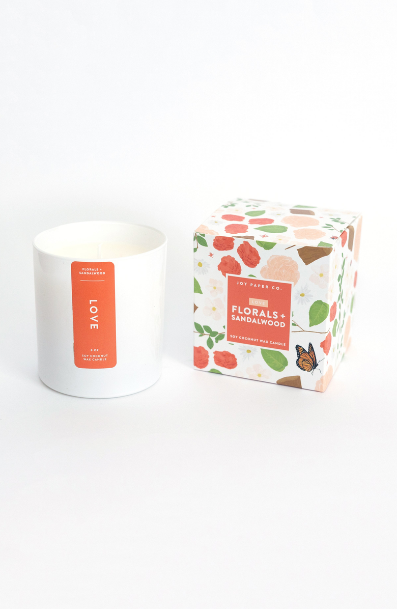 Joy Paper Co. Love Florals Sandalwood Soy Coconut Candle, Main, color, White Glass