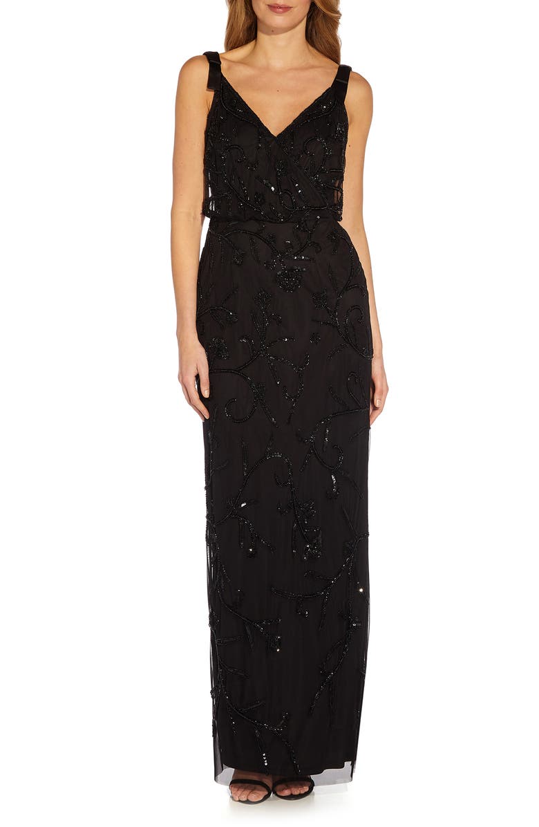 Adrianna Papell Floral Beaded Surplice V-Neck Gown, Main, color, 