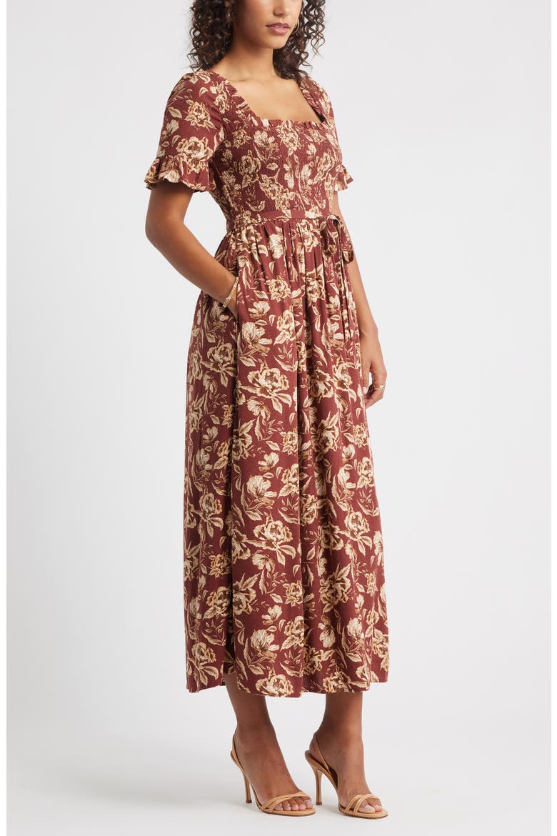 Smocked Ruffle Bodice Maxi Dress, Alternate, color, BROWN FRANNIE FLORAL