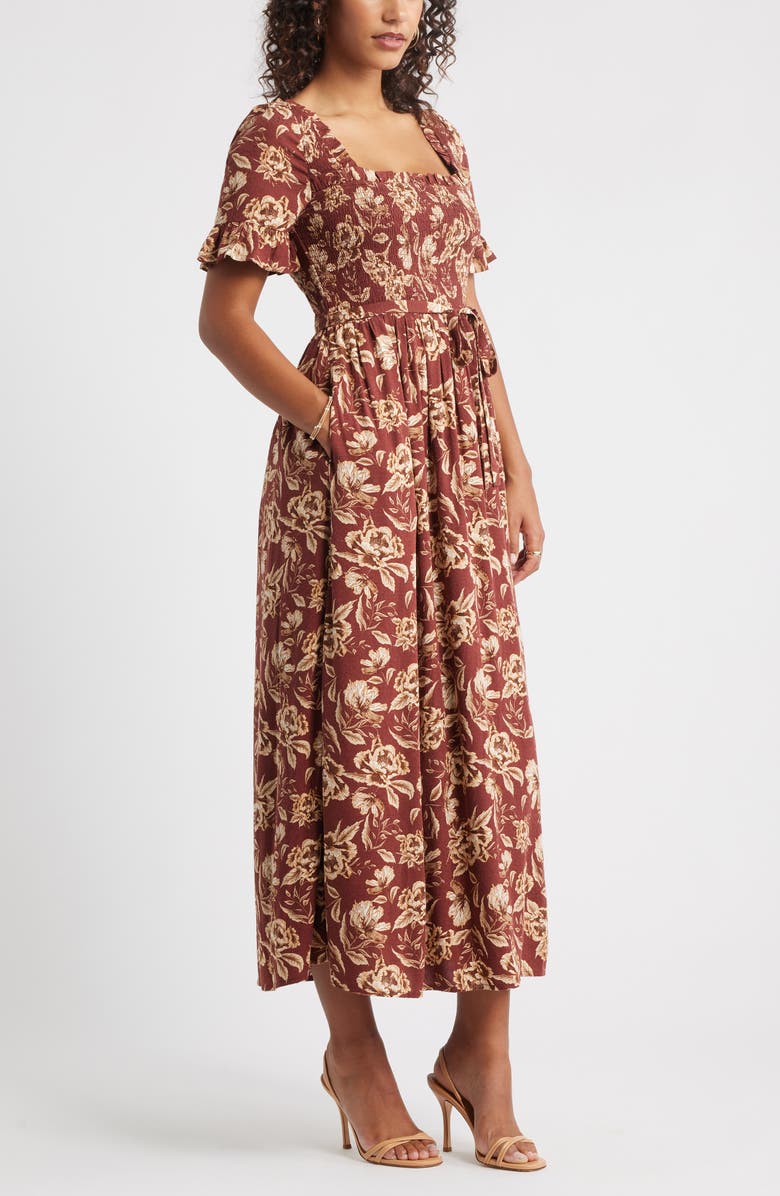 Chelsea28 Smocked Ruffle Bodice Maxi Dress, Alternate, color, Brown Frannie Floral