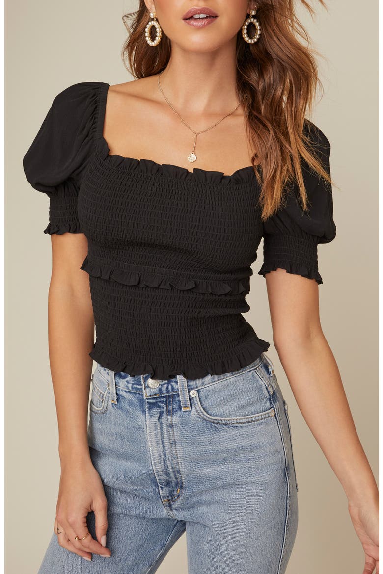 Glenna Smocked Puff Sleeve Top, Alternate, color, BLACK