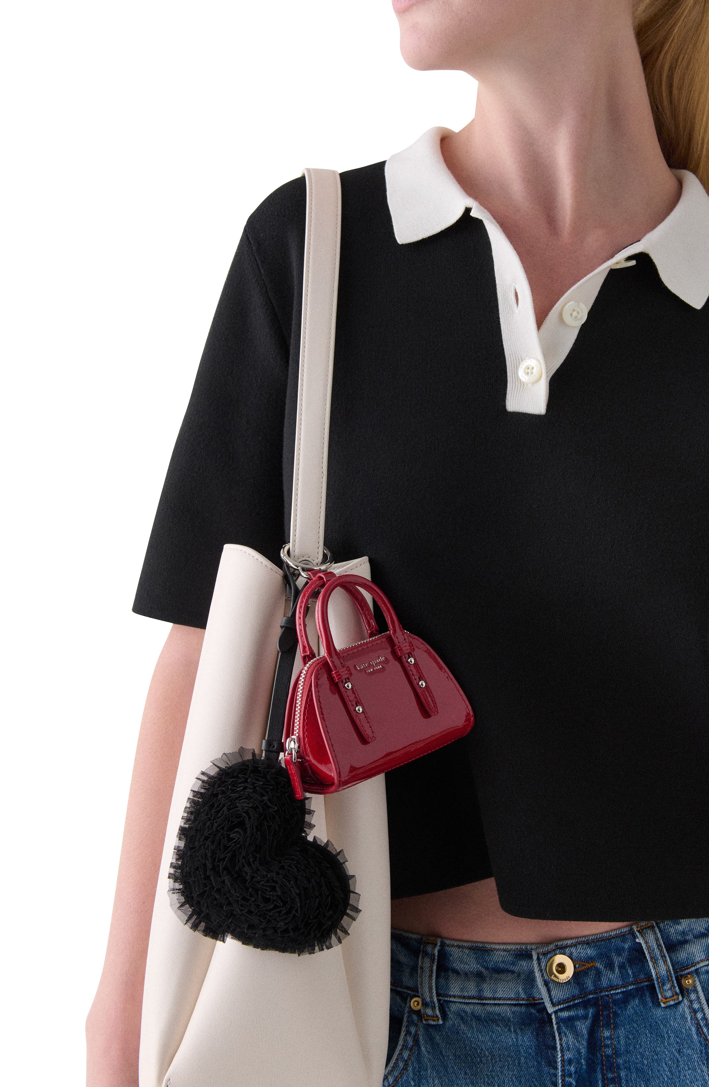 Kate Spade New York charmed heart tulle bag charm, Alternate, color, Black