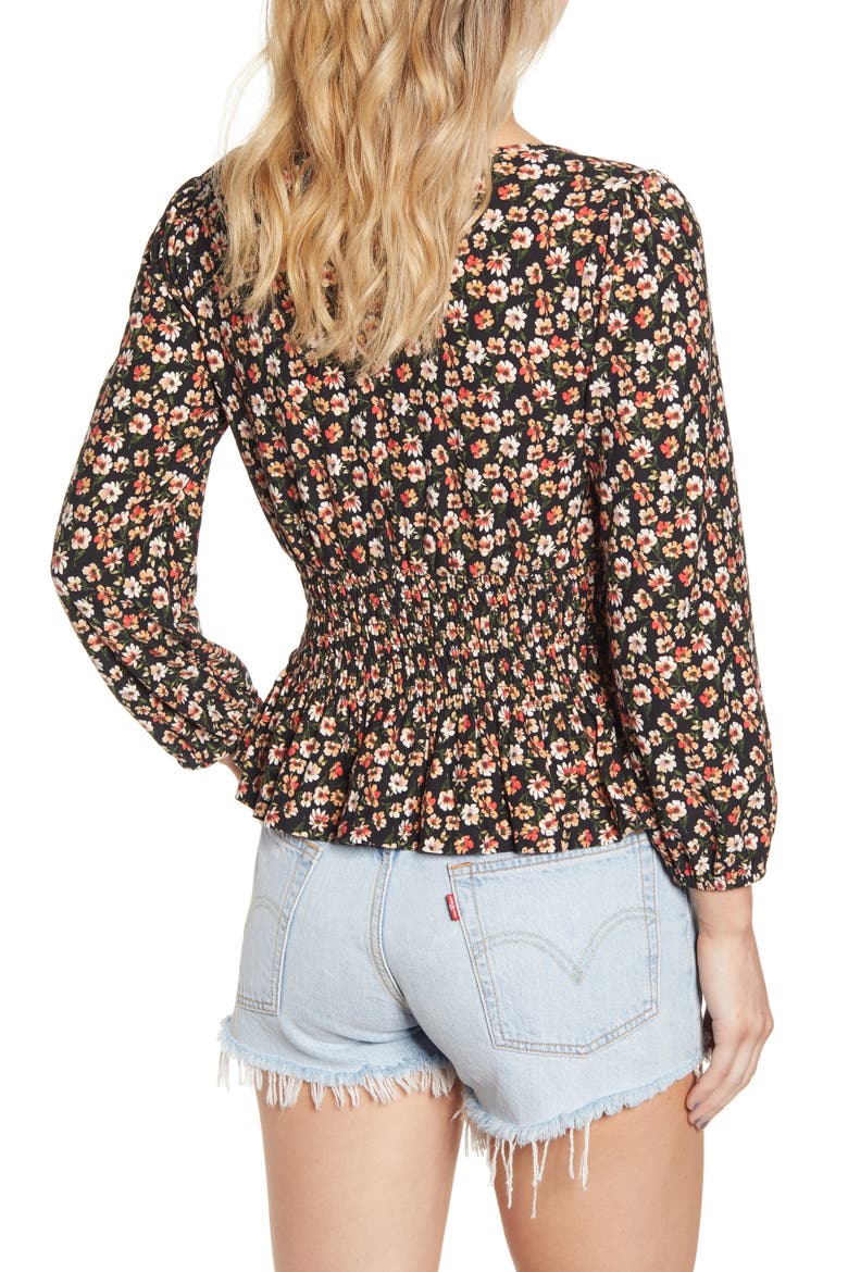 Smocked Waist Floral Top, Alternate, color, BLACK FLORAL