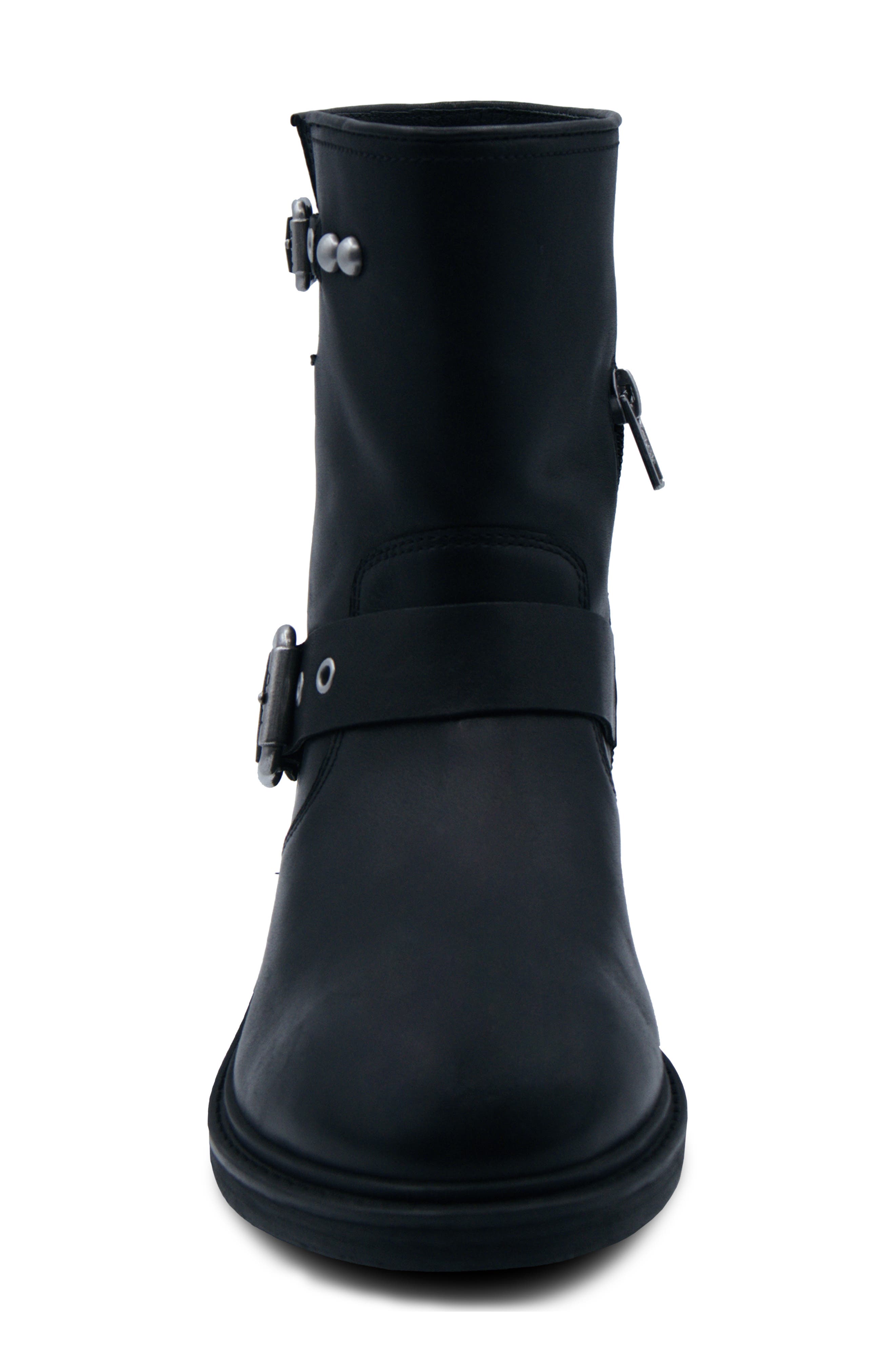 Flame Lily Leather Bootie, Alternate, color, BLACK