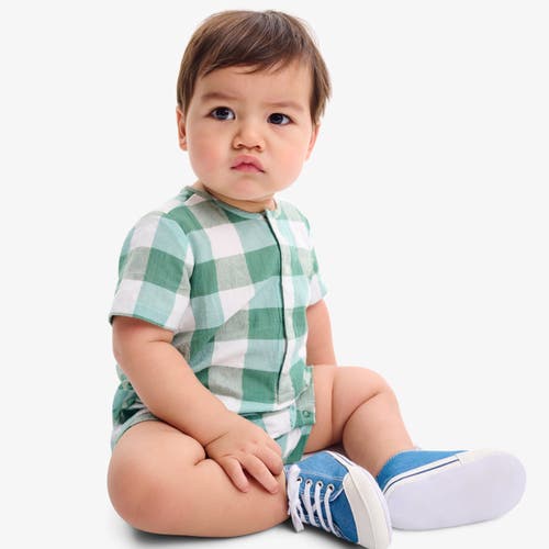 Primary Baby Henley Picnic Shortie In Gingham In Chive Sunwashed Teal Gingham