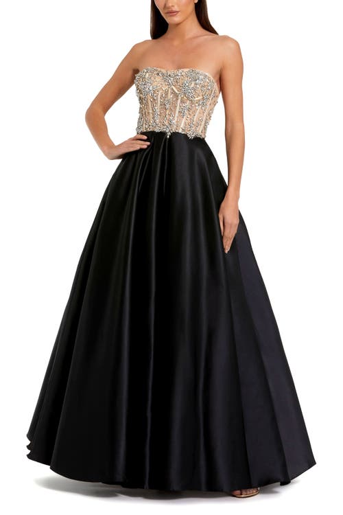 Mac Duggal Strapless Embellished Detail Bustier Ball Gown In Black