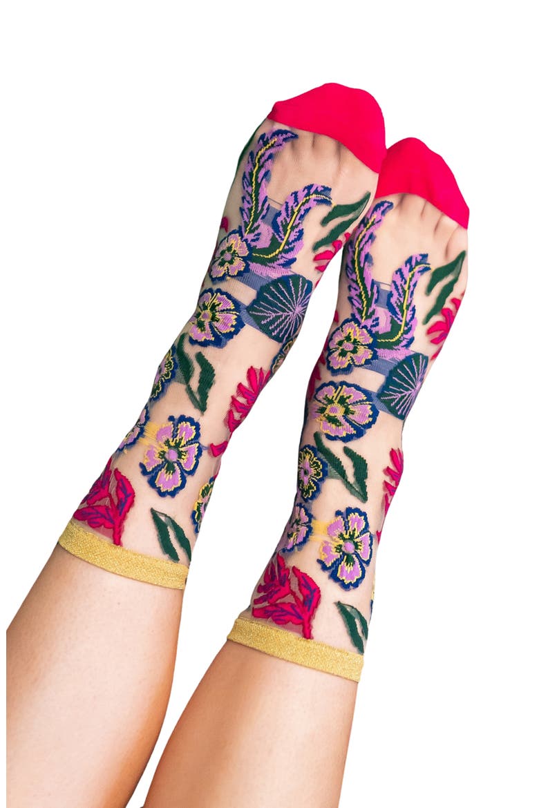 Fancy Assorted 2-Pack Metallic Floral Sheer Crew Socks, Alternate, color, RED MULTI