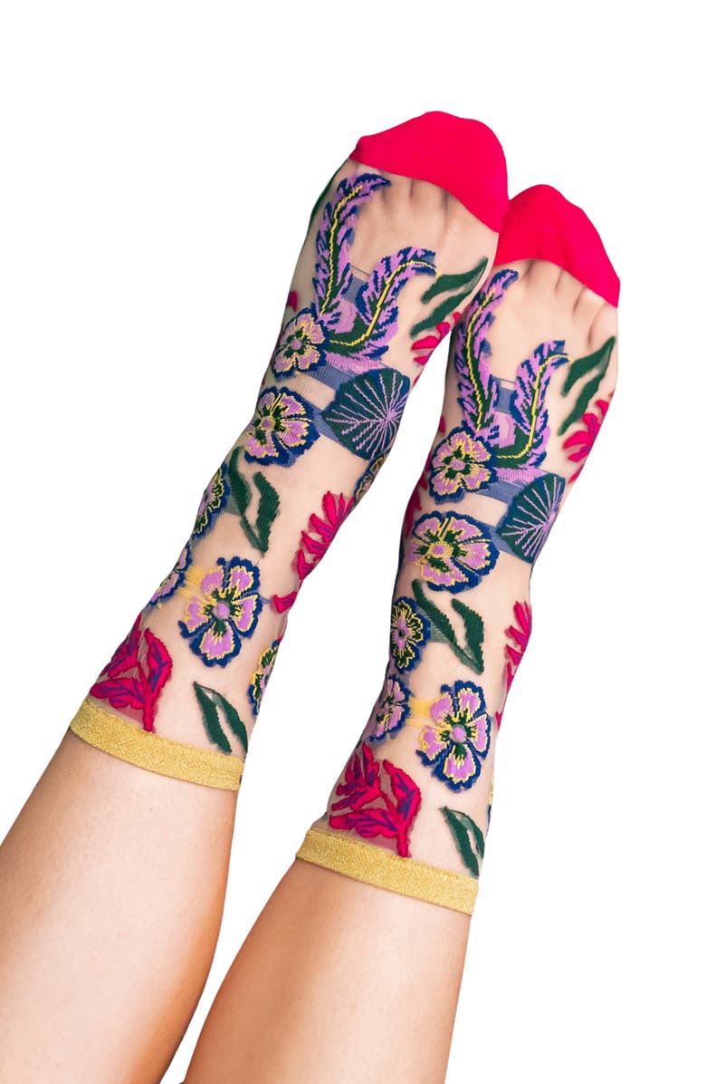 Sock Candy Fancy Assorted 2-Pack Metallic Floral Sheer Crew Socks, Alternate, color, Red Multi