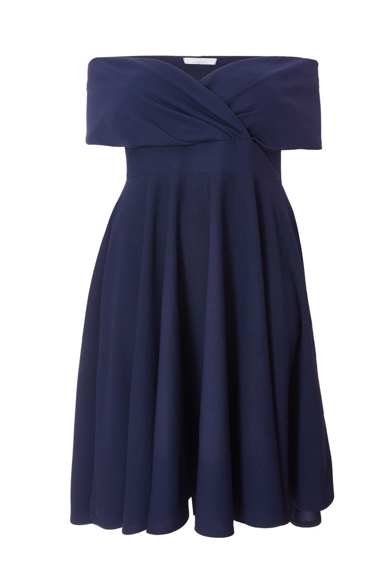 QUIZ Plus Size Scuba Crepe Bardot Wrap Midi Skater Dress, Alternate, color,