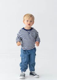 Beckett and Bear Benjamin Long Sleeve Striped Ribbed Round Neckline Drop Shoulder Top