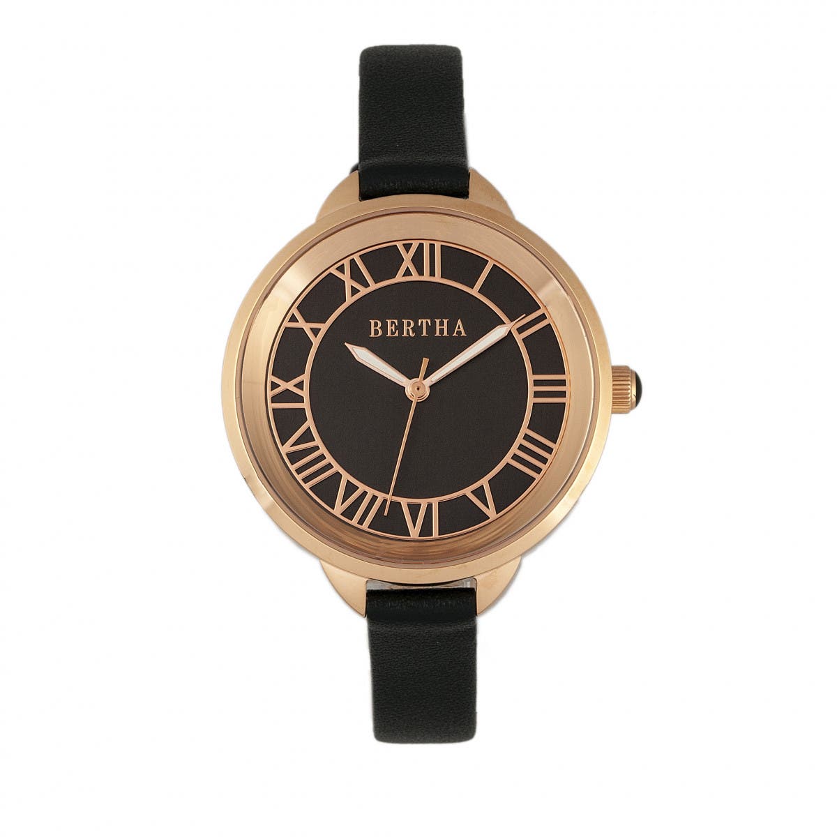 BERTHA Madison Sunray Dial Leather-Band Watch in Black/rose Gold 