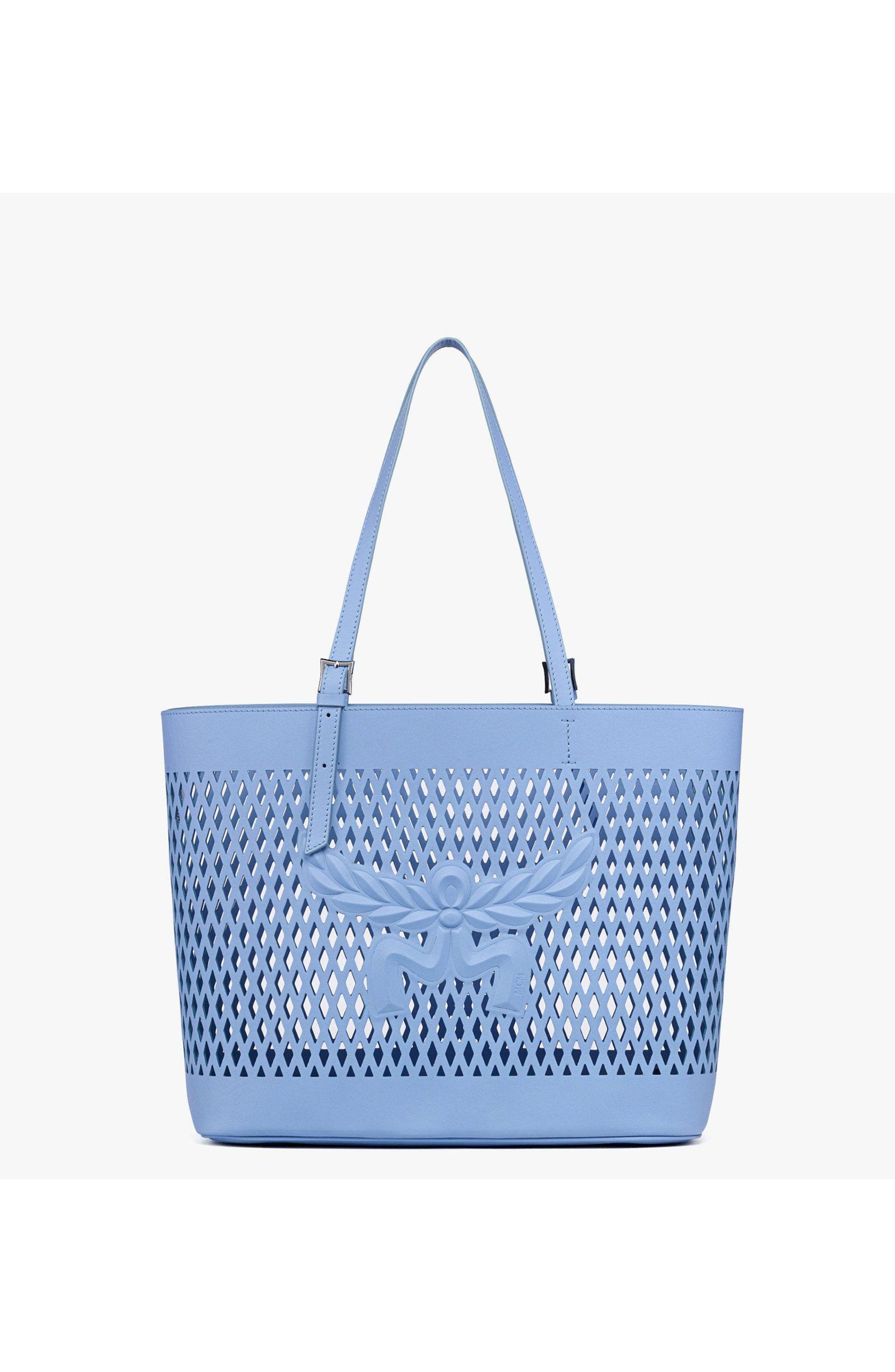 MCM Medium Himmel Shopper in Perforated Calfskin Leather, Main, color, Della Robbia Blue