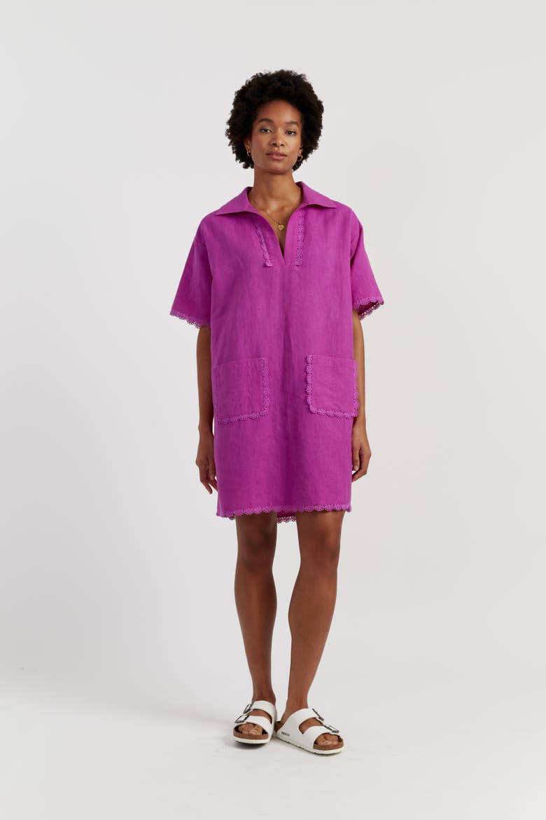 Linen-Blend Scallop Tunic Dress, Alternate, color, Magenta