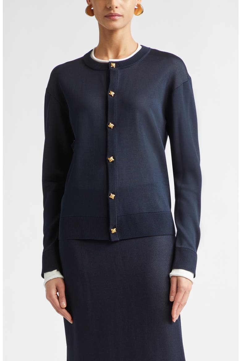 Double Layer Silk Cardigan, Main, color, 4073 MIDNIGHT BLUE/ CHALK