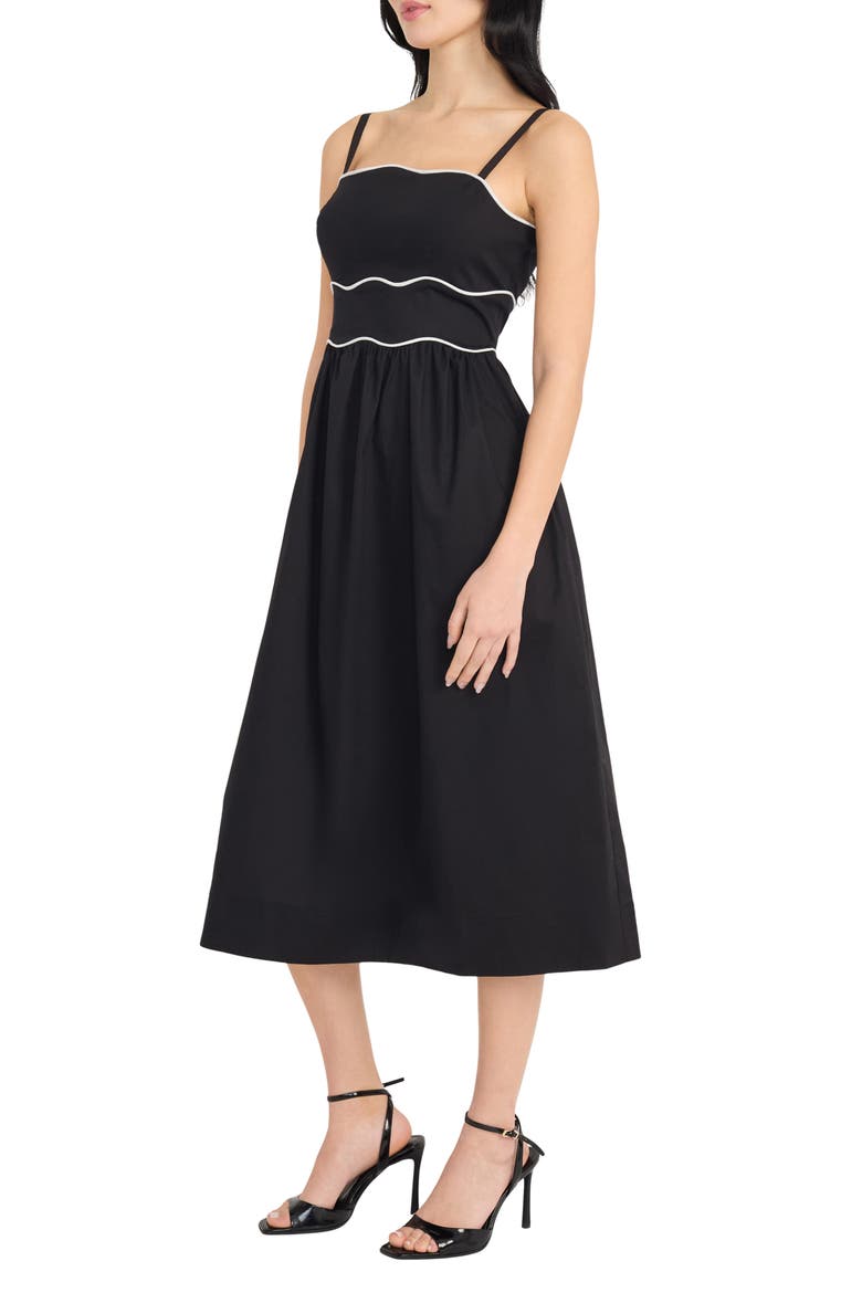 Wavy Piping Stretch Cotton Midi Sundress, Alternate, color, BLACK