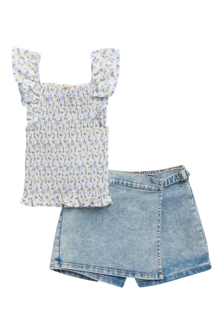 Kids' Smocked Top & Denim Skort Set, Main, color, BLUE/WHITE