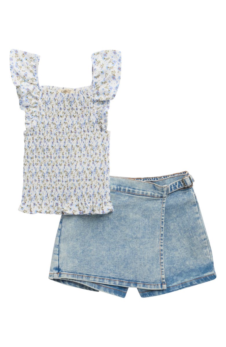 Jessica Simpson Kids' Smocked Top & Denim Skort Set, Main, color, Blue/White
