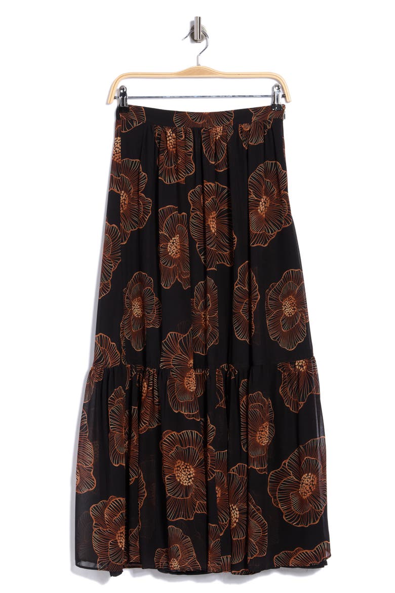 Floral Ruffle Hem Chiffon Skirt, Main, color, BLACK TRACING FLORAL