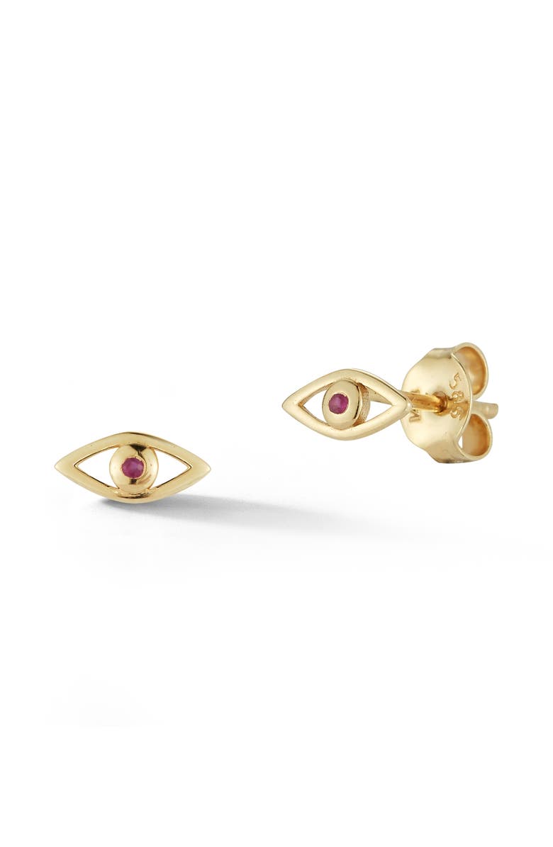 Ember Fine Jewelry Ruby Evil Eye Stud Earrings, Main, color, Gold