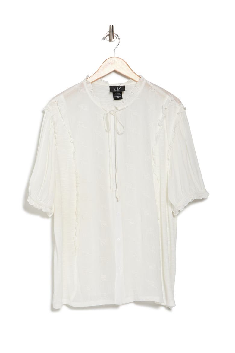Short Sleeve Ruffled Button Up Top, Alternate, color, WHITE