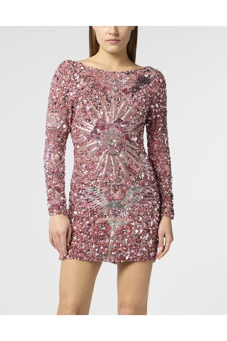 Open Back Mini Dress Tattoo Paillettes Women, Main, color, rose/pink