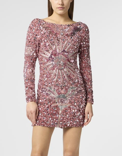 Open Back Mini Dress Tattoo Paillettes Women